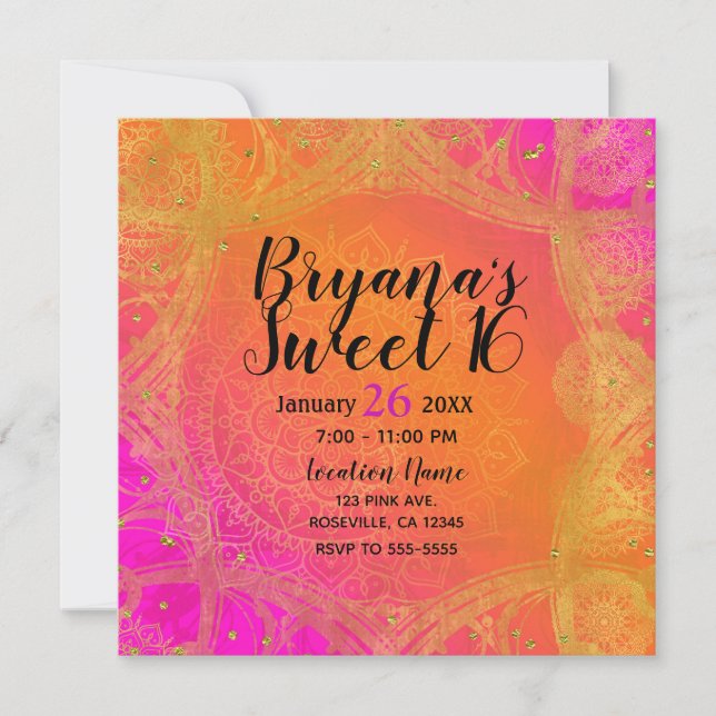 Invitation Fuchsia Rose Orange & Or Fête Indienne Mandala (Devant)