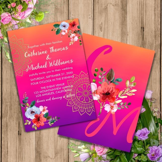 Invitation Fuchsia rose orange violet brillant et gras floral (Créateur téléchargé)
