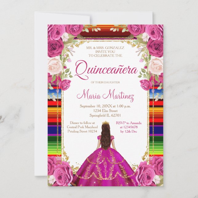 Invitation Fuchsia Rose Princesse Florale Mexicaine Quiñceane (Devant)