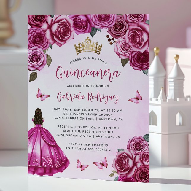 Invitation Fuchsia rose Rose aquarelle Quinceañera (Créateur téléchargé)