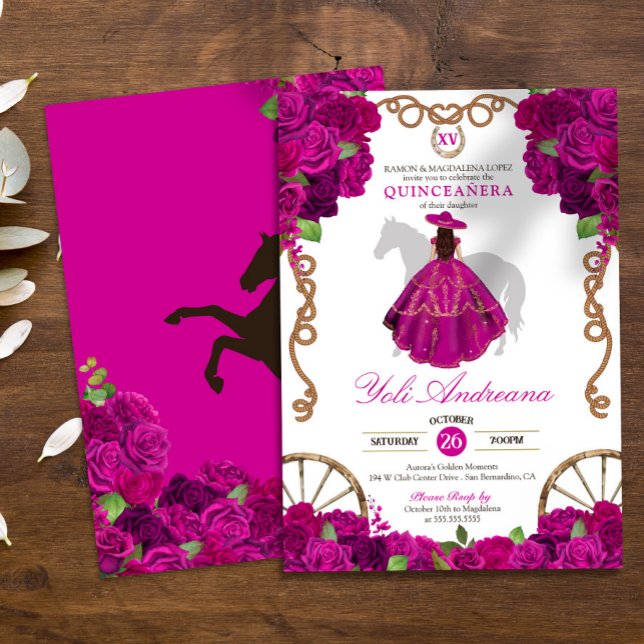Invitation Fuchsia Rose rose Ouest Charro Quince Años (Créateur téléchargé)