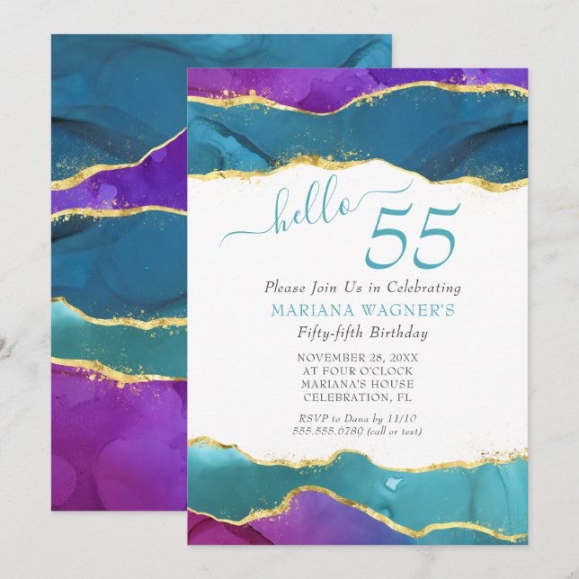 Invitation Fuchsia Rose Teal Or Abstrait Encre 55e Anniversai (Devant / Derrière)