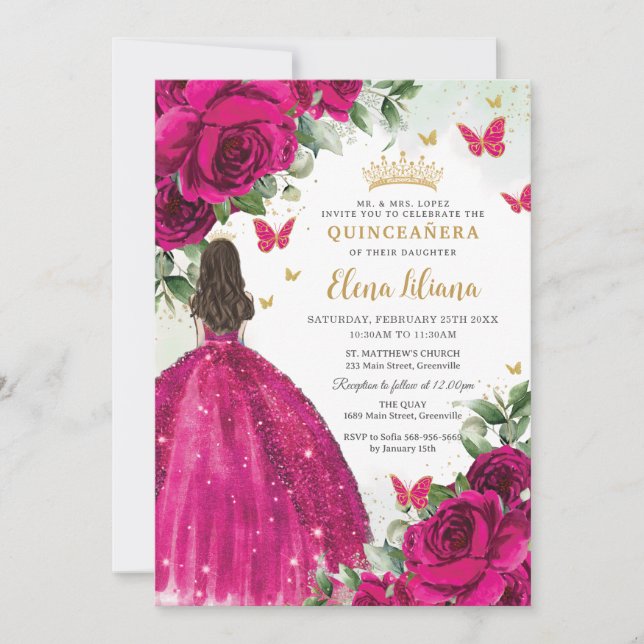 Invitation Fuchsia Roses rose chaud Floral Quinceañera Sweet  (Devant)