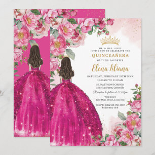 Invitation Fuchsia Roses rose chaud Floral Quinceañera Sweet 