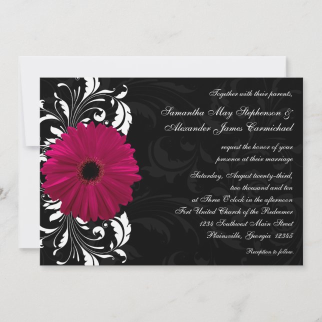 Invitation Fuchsia Scroll Gerbera Daisy avec noir et blanc (Devant)