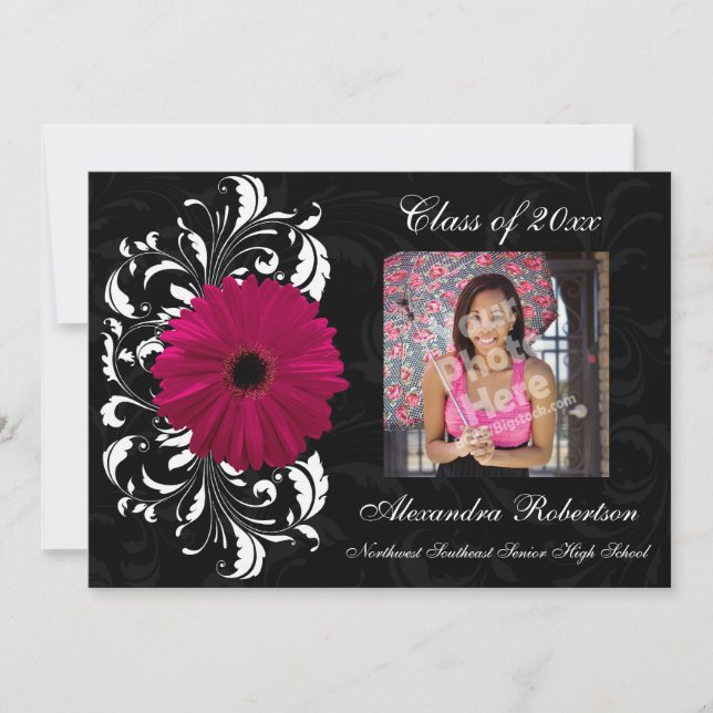 Invitation Fuchsia Scroll Gerbera Daisy Graduation (Devant)