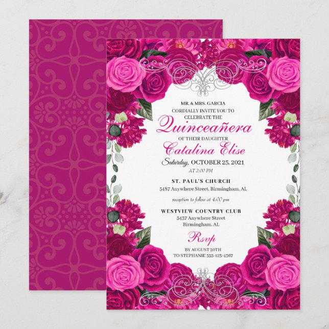 Invitation Fuchsia & Silver Floral Quinceanera Anniversaire (Devant / Derrière)