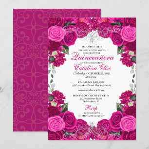Invitation Fuchsia & Silver Floral Quinceanera Anniversaire