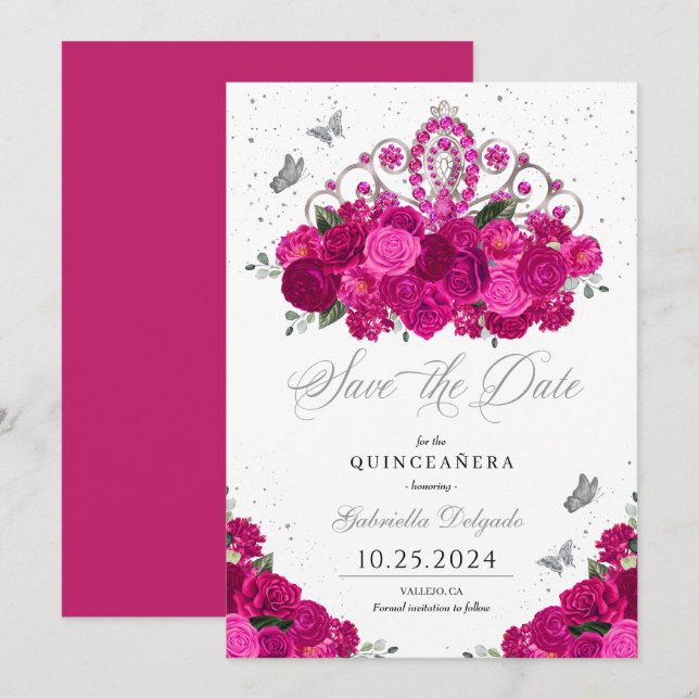 Invitation Fuchsia & Silver Tiara Enregistrer La Date Quincea (Devant / Derrière)