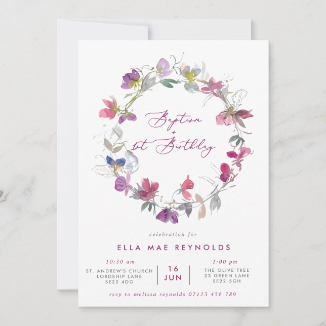 Invitation Fuchsia Sweet Pea Wreath Baptême & 1er Anniversair (Devant)