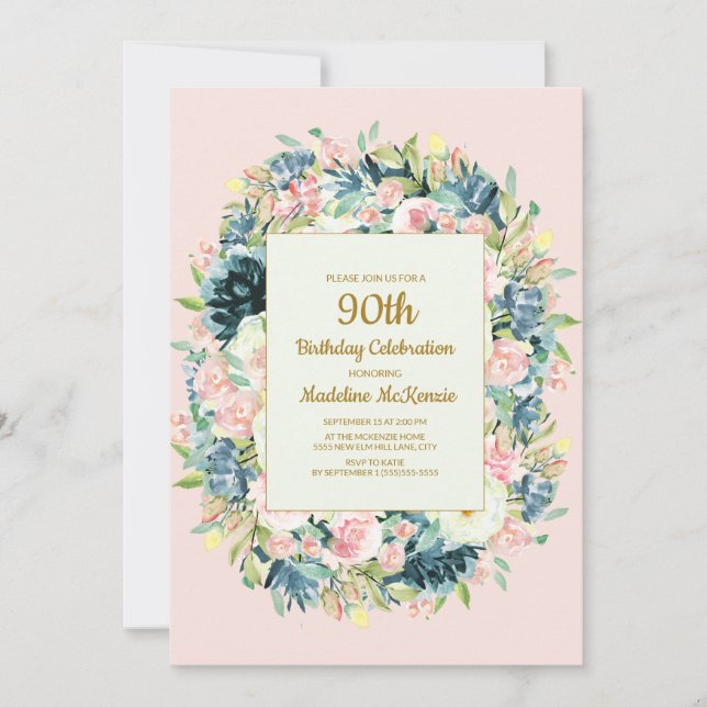Invitation Fuchsia Té Floral Femmes 90e Anniversaire (Devant)