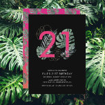 Invitation Fuchsia Tropical moderne 21e anniversaire<br><div class="desc">Cette amusante invitation moderne de vingt et unième anniversaire a un arrière - plan de coucher de soleil rose et orange tropical, feuilles tropicaux aquarelle qui enveloppent autour d'un 21 et texte simple. L'arrière est décoré d'un arrière - plan de coucher de soleil assorti et d'un motif de feuilles de...</div>