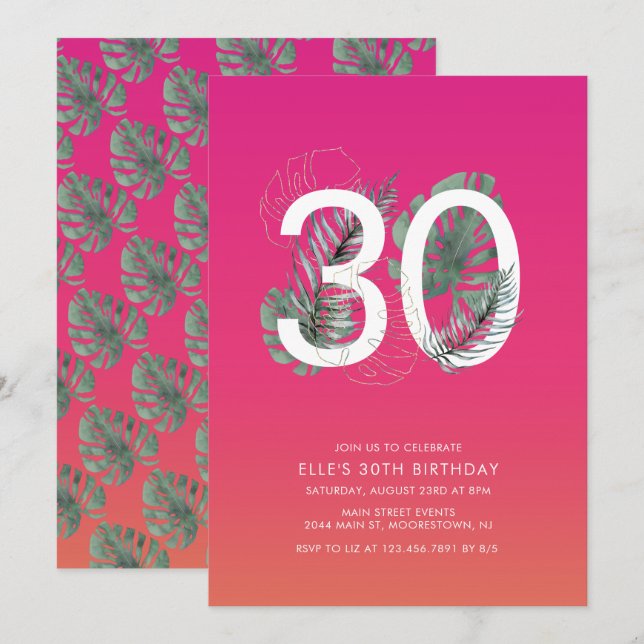 Invitation Fuchsia Tropical moderne 30e anniversaire (Devant / Derrière)