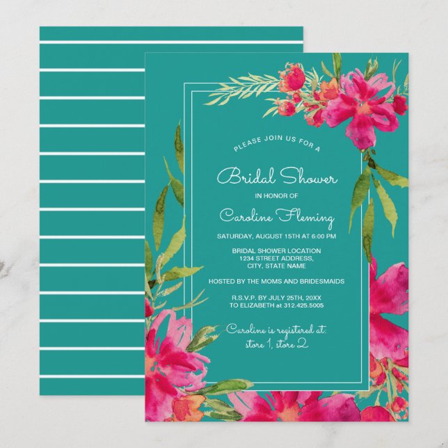 Invitation Fuchsia Turquoise Floral Aquarelle Fête des mariée (Devant / Derrière)