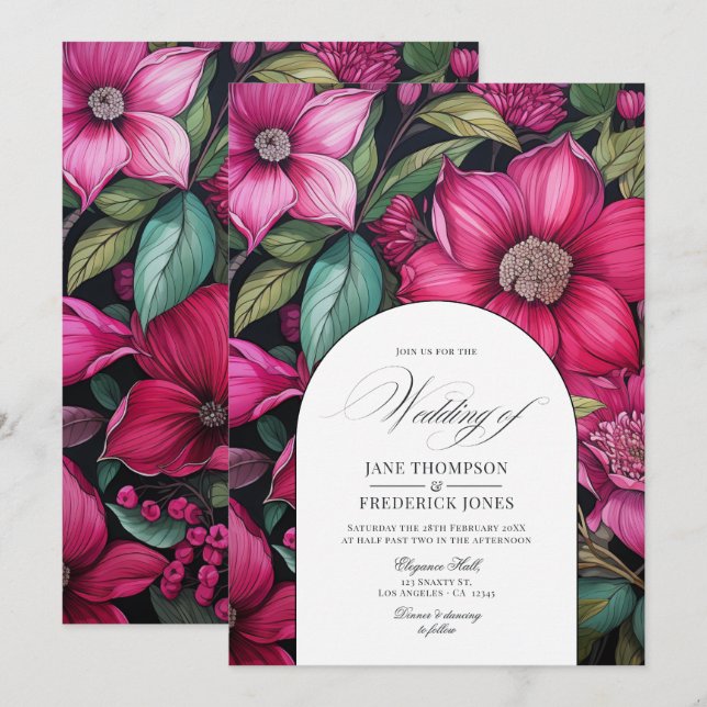 Invitation Fuchsia, vert émeraude et mariage floral noir (Devant / Derrière)