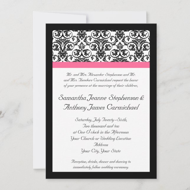 Invitation Fuchsia victorienne rose et blanc Damas (Devant)