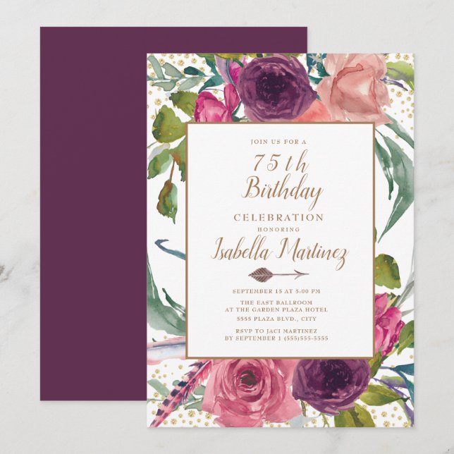 Invitation Fuchsia Violet Bohème Plume Floral Or 75e Annivers (Devant / Derrière)