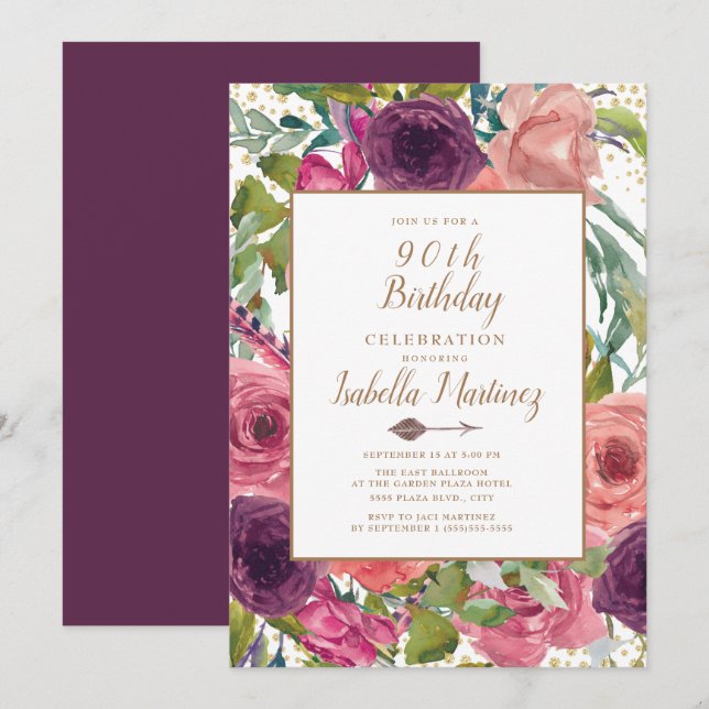 Invitation Fuchsia Violet Bohème Plume Floral Or 90e Annivers (Devant / Derrière)