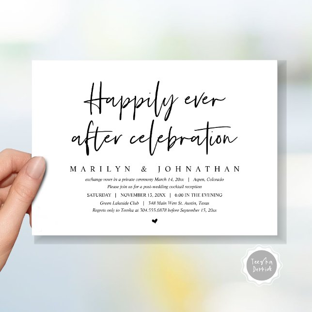 Invitation Fuite de mariage, Célébration de bonheur éternel (Wedding Elopement, Happily Ever after Celebration Invitation Card, Printed, File, in Black and white)
