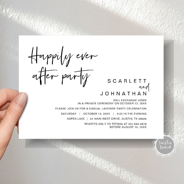 Invitation Fuite de mariage, fête pour toujours heureux (Wedding Elopement, Happily Ever After Party Invitation Card, Printed file, Modern minimalist script)