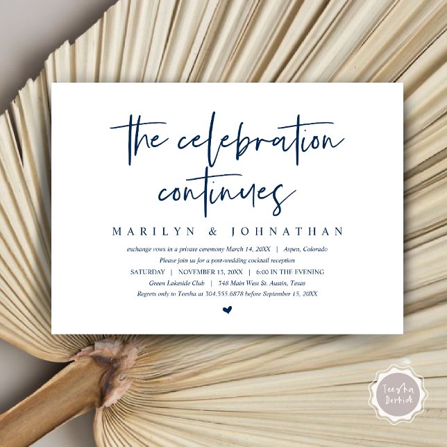 Invitation Fuite de mariage, la célébration moderne continue (Wedding Elopement, Modern celebration continues Invitation Card, PDF, in Navy Blue)