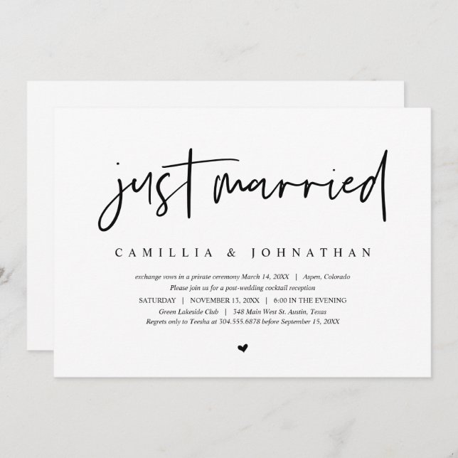 Invitation Fuite de mariage, Minimaliste Moderne Juste mariés (Devant / Derrière)