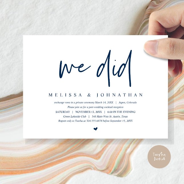 Invitation Fuite de mariage, Moderne Minimaliste, nous avons  (We Did, Wedding Elopement Dinner Invitation Card, PDF, Modern Minimalist, in Navy Blue)