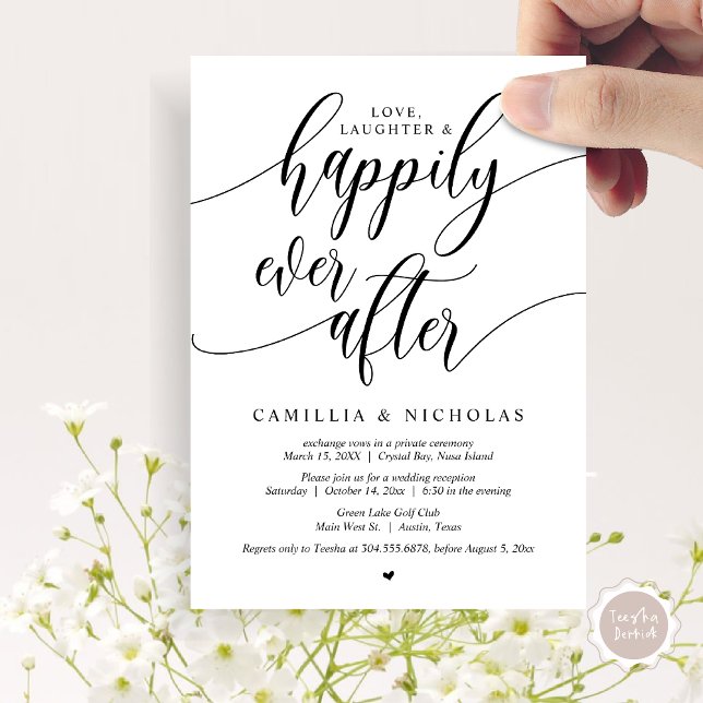 Invitation Fuite en mariage, fête de bonheur éternel (Wedding Elopement, Happily Ever After Party Invitation Card, PDF, Black White)