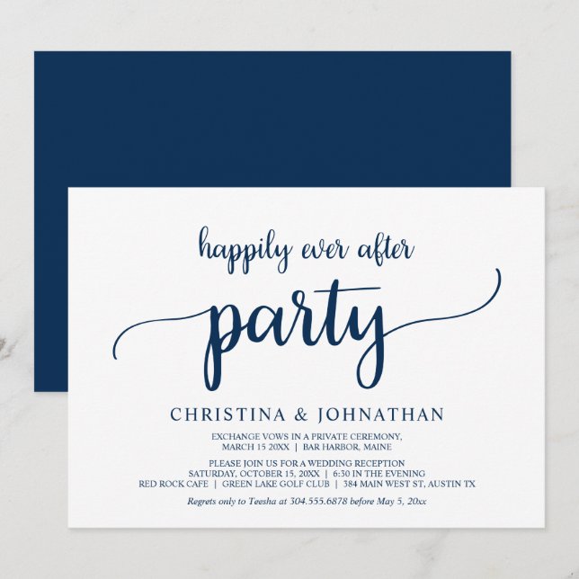 Invitation Fuite, Fête de Mariage Heureux, Bleu Marine (Devant / Derrière)