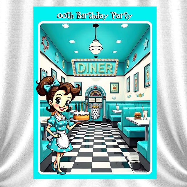 Invitation Fun 1950s Retro Diner Birthday Cake Aqua (Créateur téléchargé)