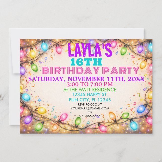 Invitation Fun and Festive String Lights Unisex Birthday  (Devant)