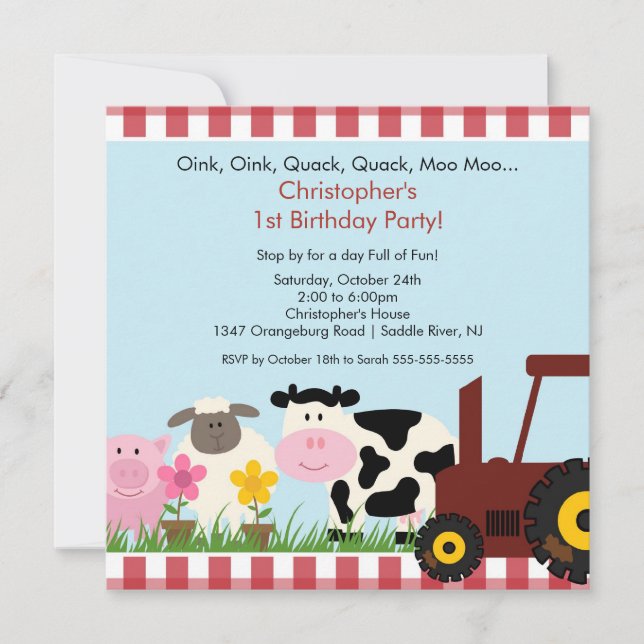 Invitation Fun Animal Barnyard fête d'anniversaire (Devant)