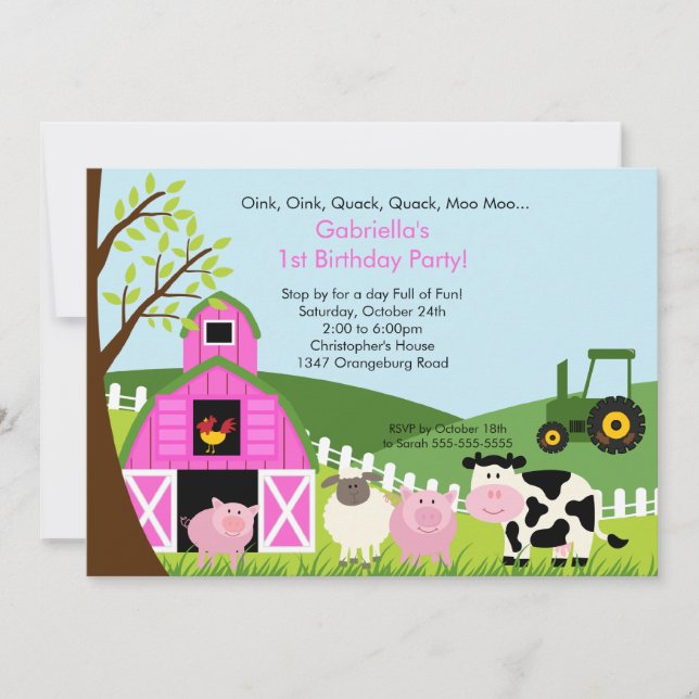 Invitation Fun Animal de Barnyard Fun Birthday Party Pink Gir (Devant)