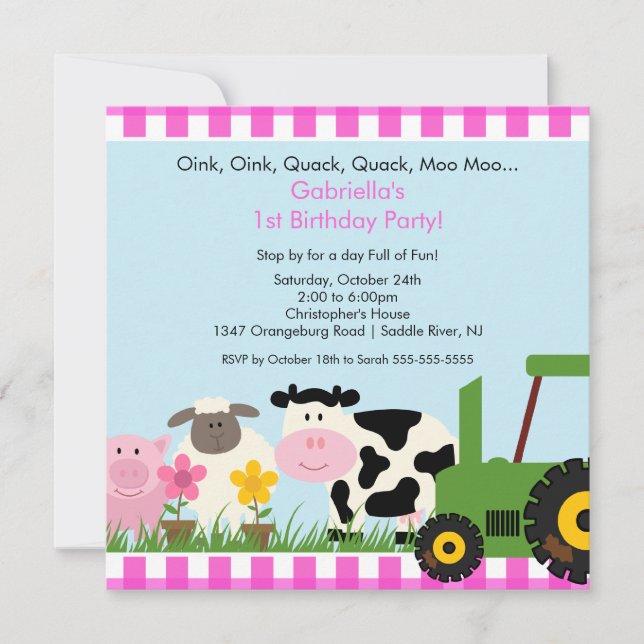 Invitation Fun Animal de Barnyard Fun Birthday Party Pink Gir (Devant)