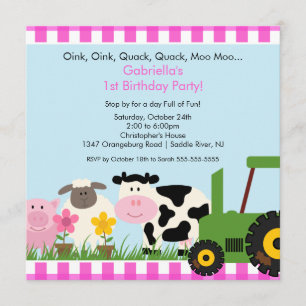 Invitation Fun Animal de Barnyard Fun Birthday Party Pink Gir