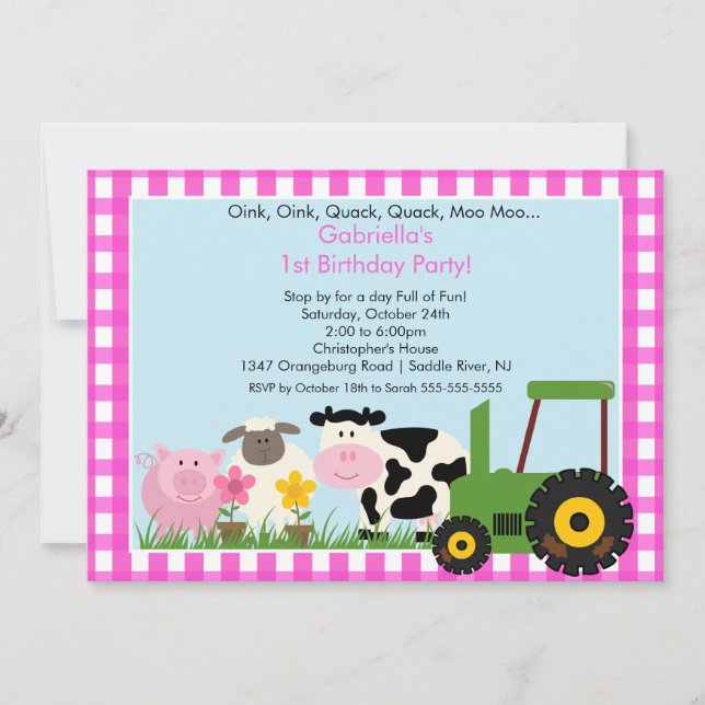 Invitation Fun Animal de Barnyard Fun Birthday Party Pink Gir (Devant)