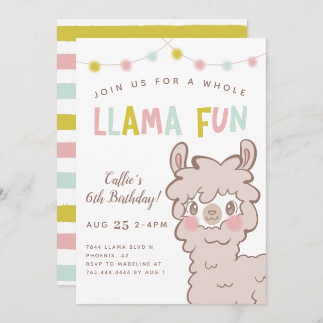 Invitation Fun Anniversaire de enfant de Llama entière (Devant / Derrière)