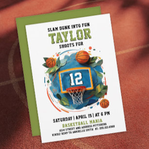 Invitation Fun Basketball Hoop Green Blue Anniversaire de enf