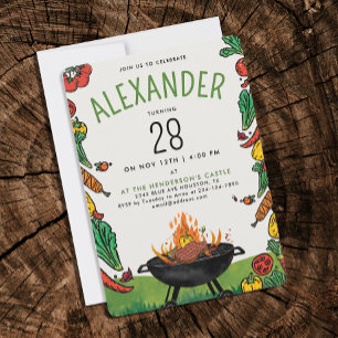 Invitation Fun BBQ Grill Colorful Steak Outdoor Nature Doodle