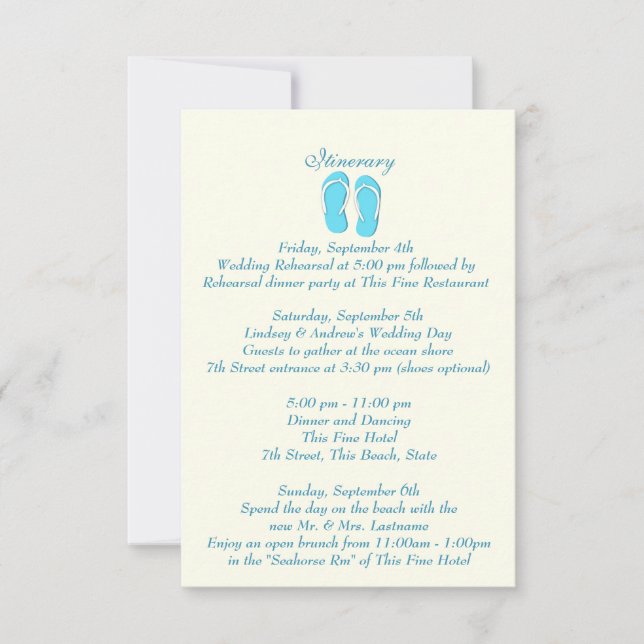 Invitation Fun Beach Flip Flops Blue Wedding Intinerary (Devant)
