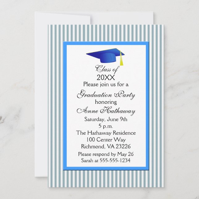 Invitation Fun Blue and White Stripe Gradupe Party (Devant)