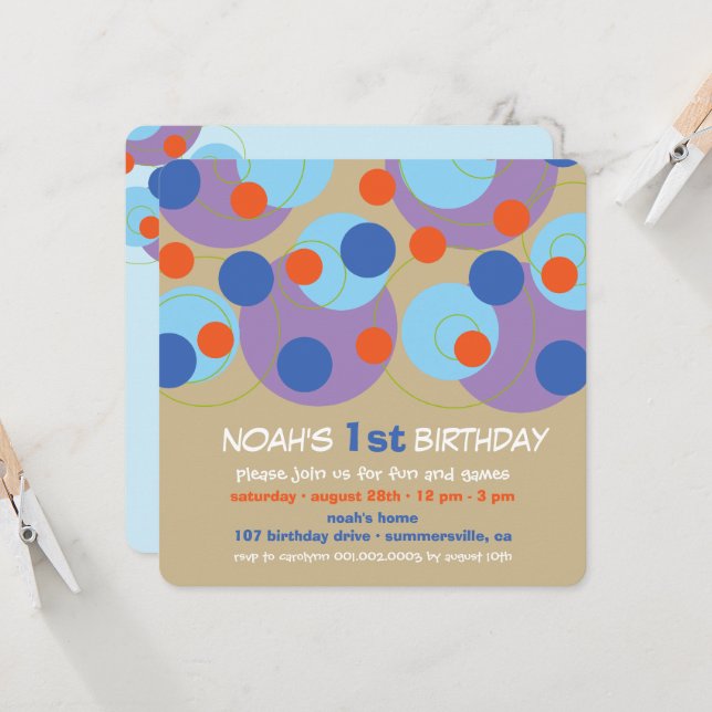 Invitation Fun Blue Bubbly Dots Photo Boy 1er Anniversaire (Devant/Arrière en situation)