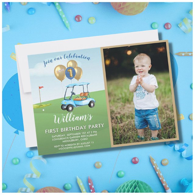Invitation Fun Blue Golf Panier Photo First Birthday Boy (Créateur téléchargé)