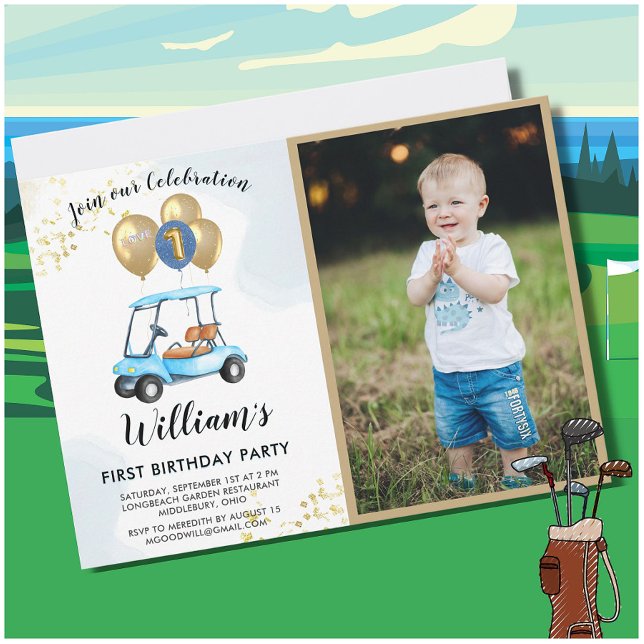 Invitation Fun Blue Golf Panier Photo First Birthday Boy (Créateur téléchargé)