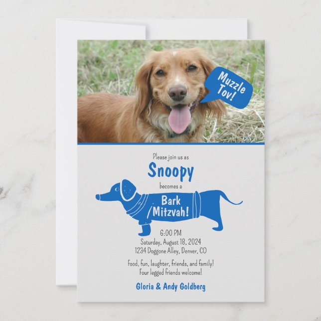 Invitation Fun Blue Grey Animateur Chien Muzzle Tov Bark Mitz (Devant)