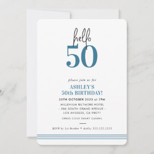 Invitation FUN Bonjour 50 moderne 50e anniversaire fête bleu