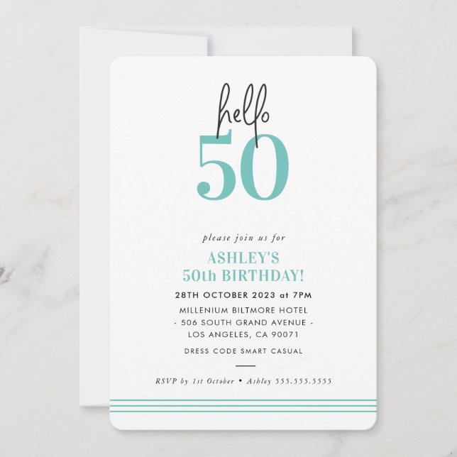 Invitation FUN Bonjour 50 moderne 50e anniversaire menthe (Devant)