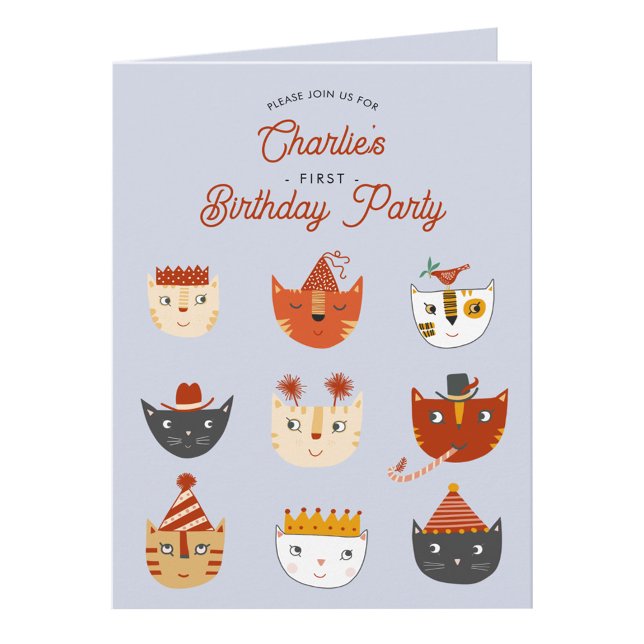 Invitation Fun Chat Personnalisé 1er Anniversaire Fête Invita (Fun kitty cat first birthday party invitation with custom text)