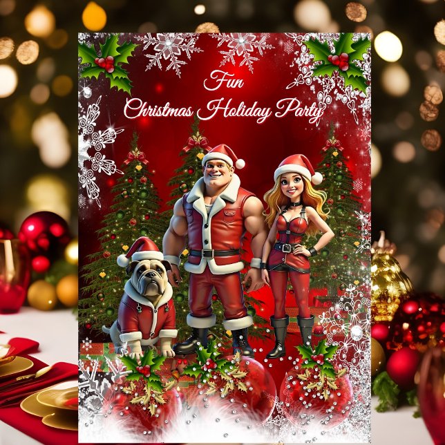 Invitation Fun Christmas Holiday Party Red Couple Dog (Créateur téléchargé)