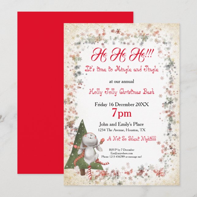 Invitation Fun Christmas Party Cute Bunny Tree Star Snowflake (Devant / Derrière)